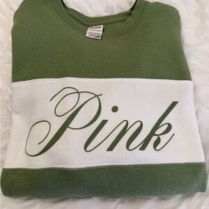 PINK Victoria's Secret Olive Green and White Colorblock Crewneck